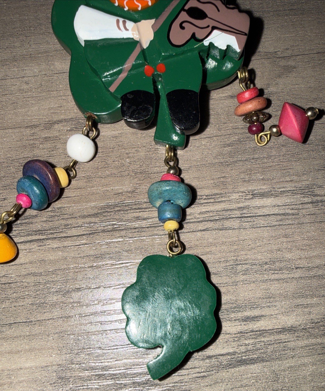 Vintage Wood St Patrick’s Day Leprechaun Shamrock Wood Bead Charms Brooch