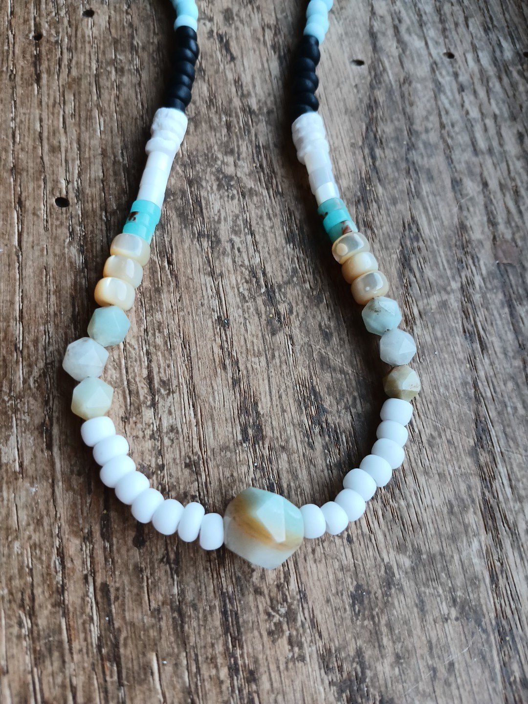Amazonite River Shell Glass Bead Necklace Hemp Cord Hippie Boho Layering