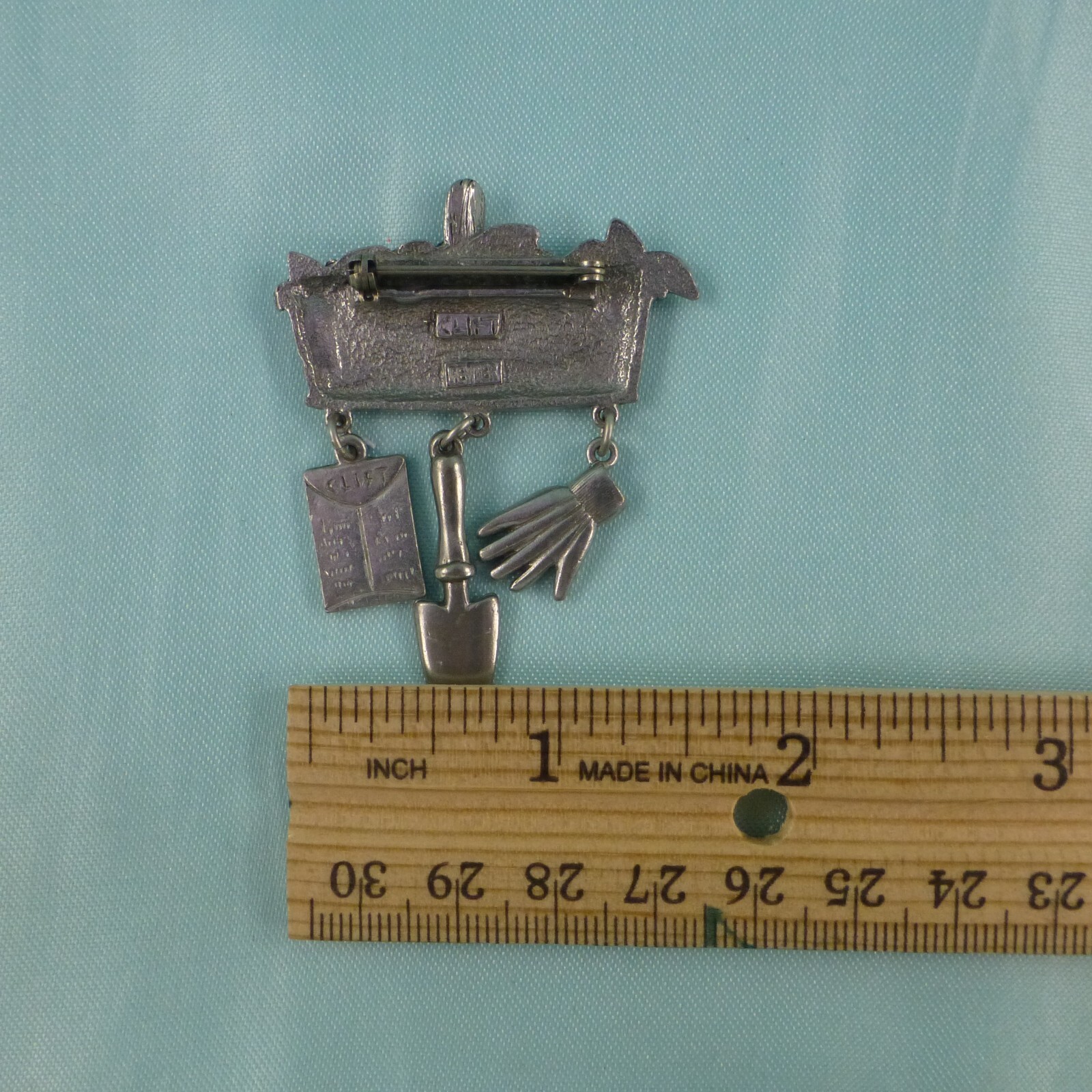 Pewter Gardening Basket Pin Brooch Signed CLIFT Flowers Dangles Seeds Gardener