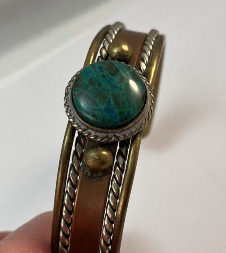 Copper Brass Silver Mixed Metals Green Malachite Cuff Bracelet Rustic READ