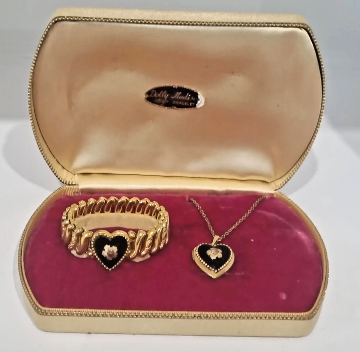 Vintage 12k Gold Fill Onyx Heart Expansion Bracelet Locket Set USA made Video