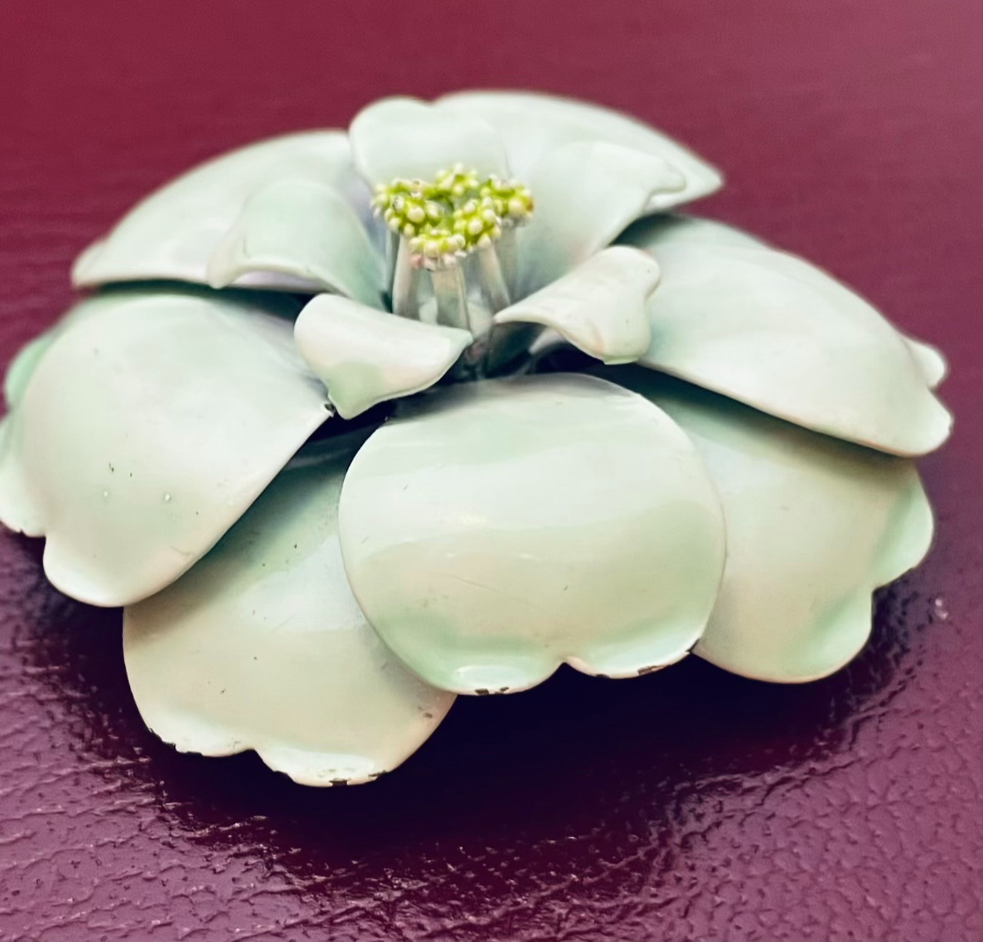 Vintage Enamel on Copper Floral Brooch Light Green 3D Poppy Flower Power 2.25″