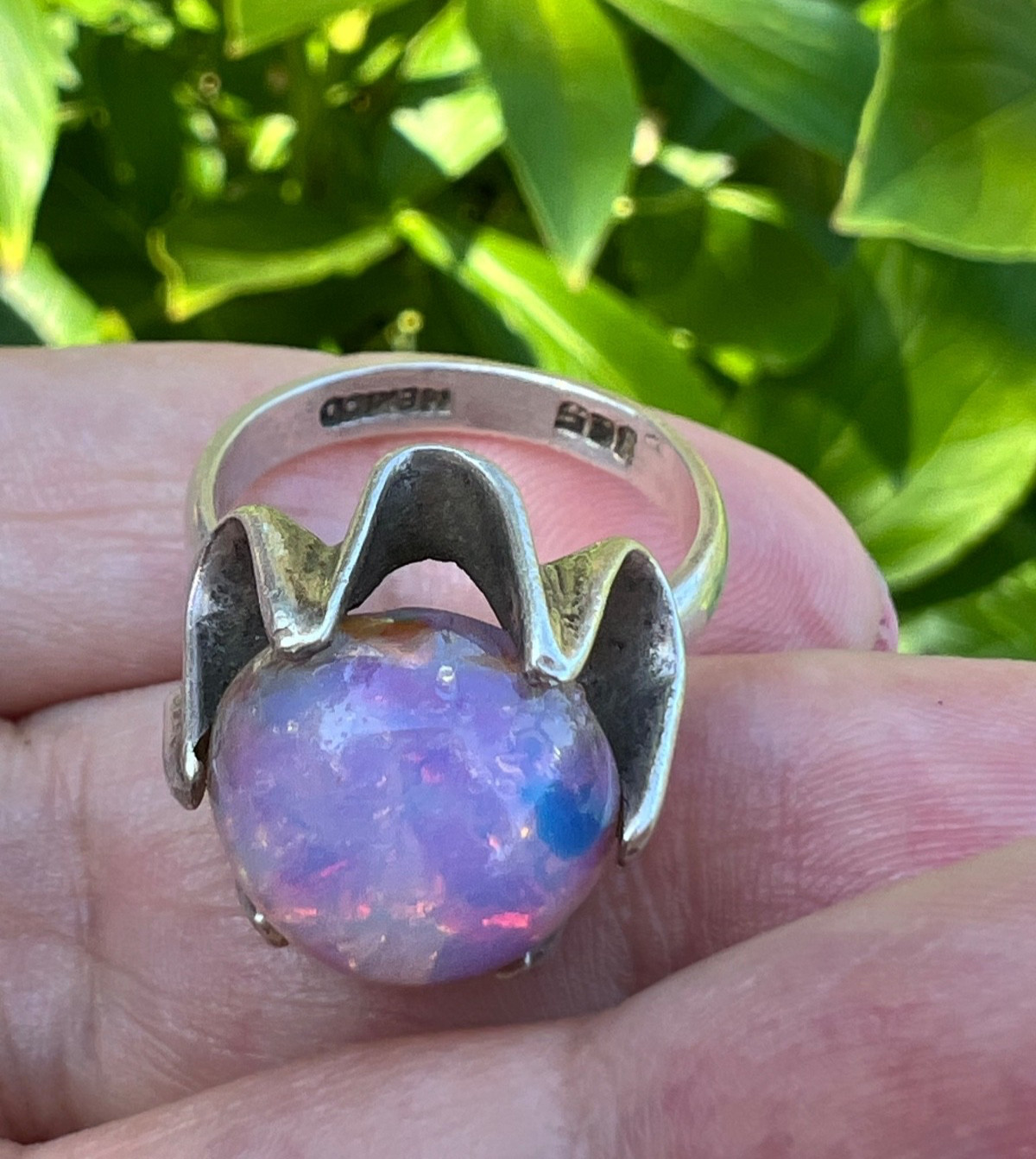 VINTAGE LARGE ROUND CABOCHON FAUX RAINBOW OPAL RING 925 STERLING SLVER MEXICO