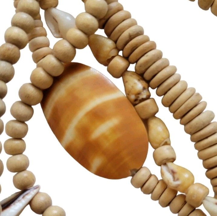 Sea Shell & Hand Carved Wood Bead Multi 7 Strand Necklace Unique Ocean Jewely