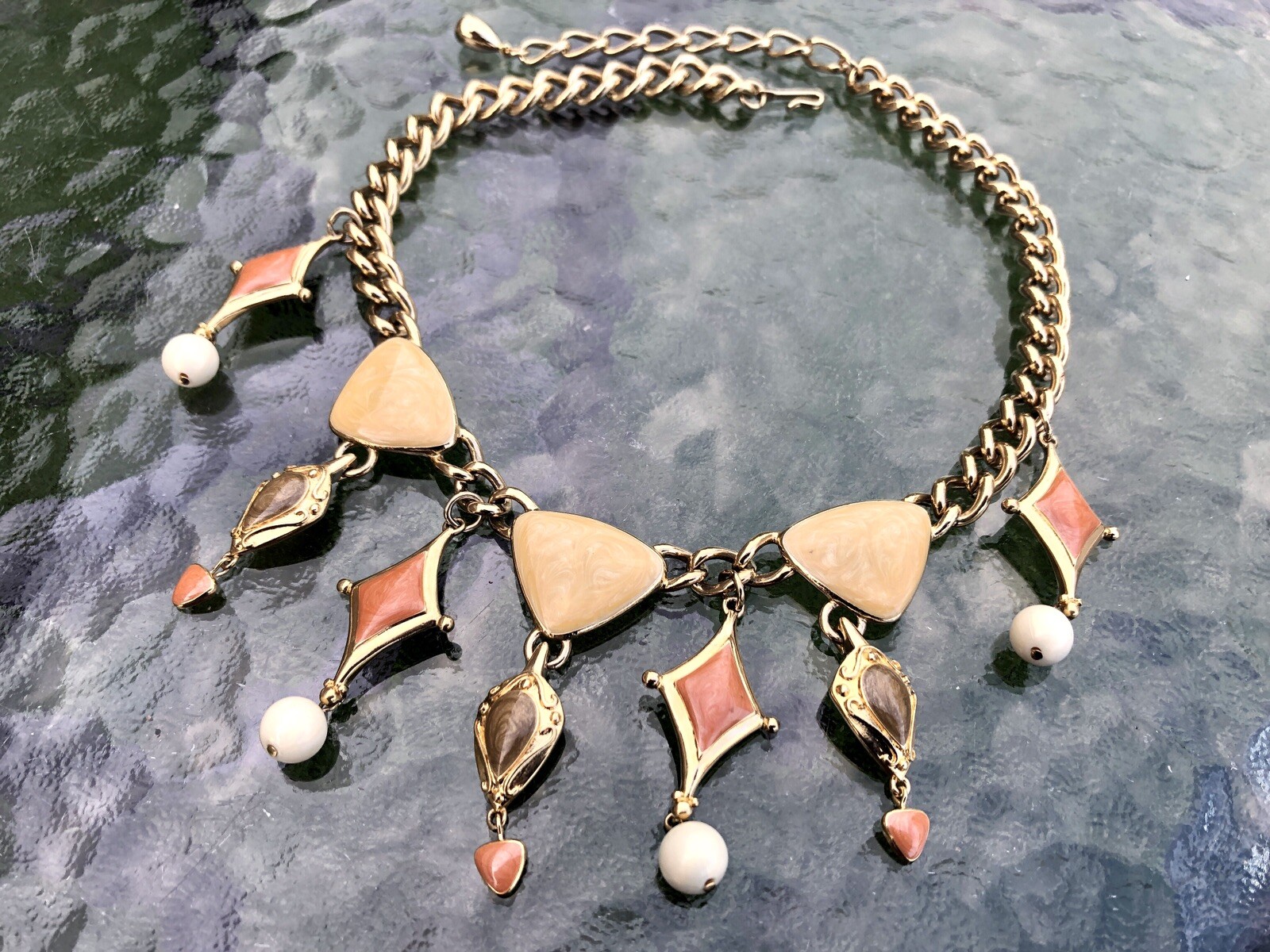 Vintage Trifari Gold Cream Tan Orange Enameled Drop Necklace