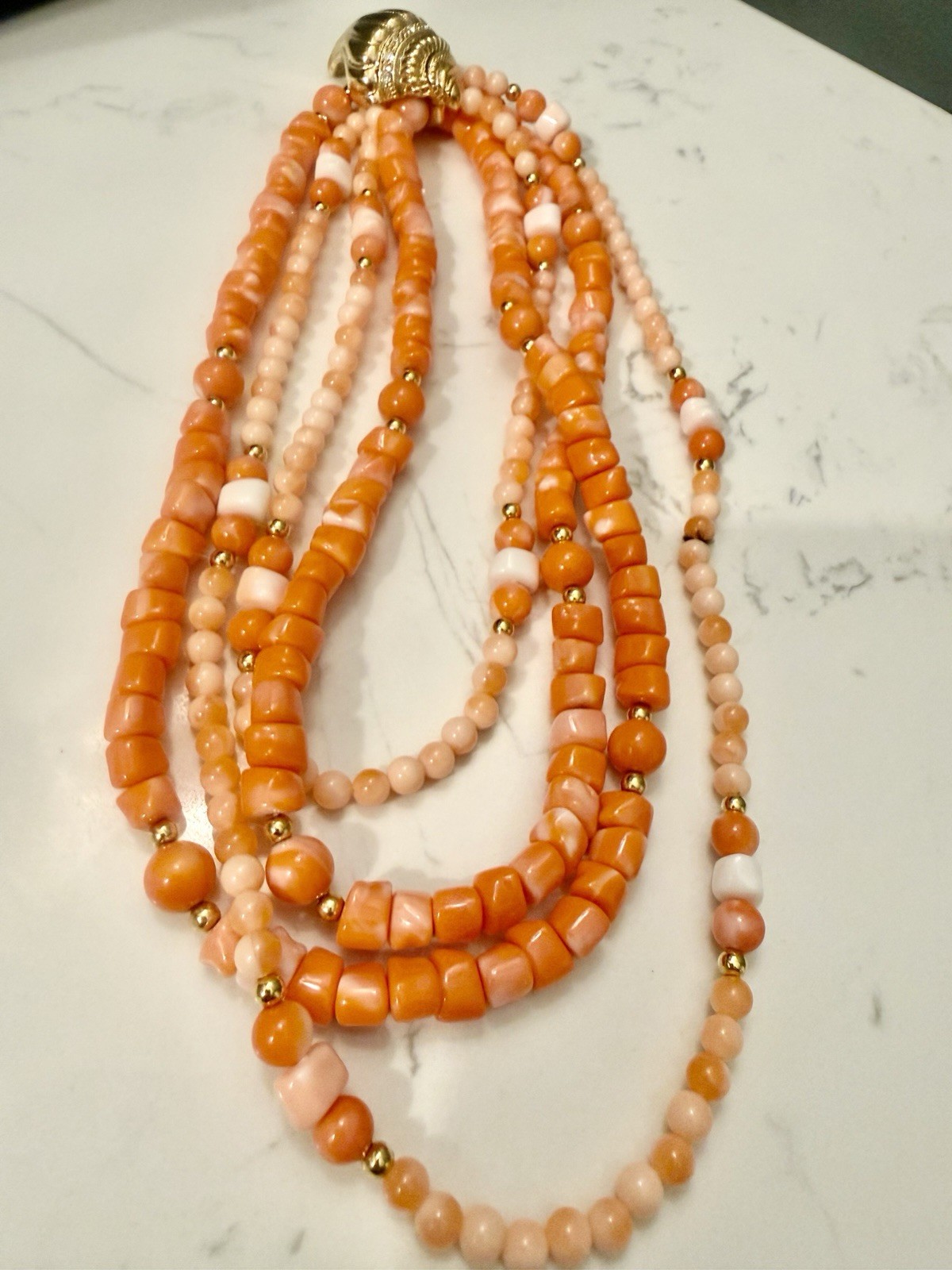 Vintage Orange Coral Avon double Layered Beaded Collar Gold shell Necklace