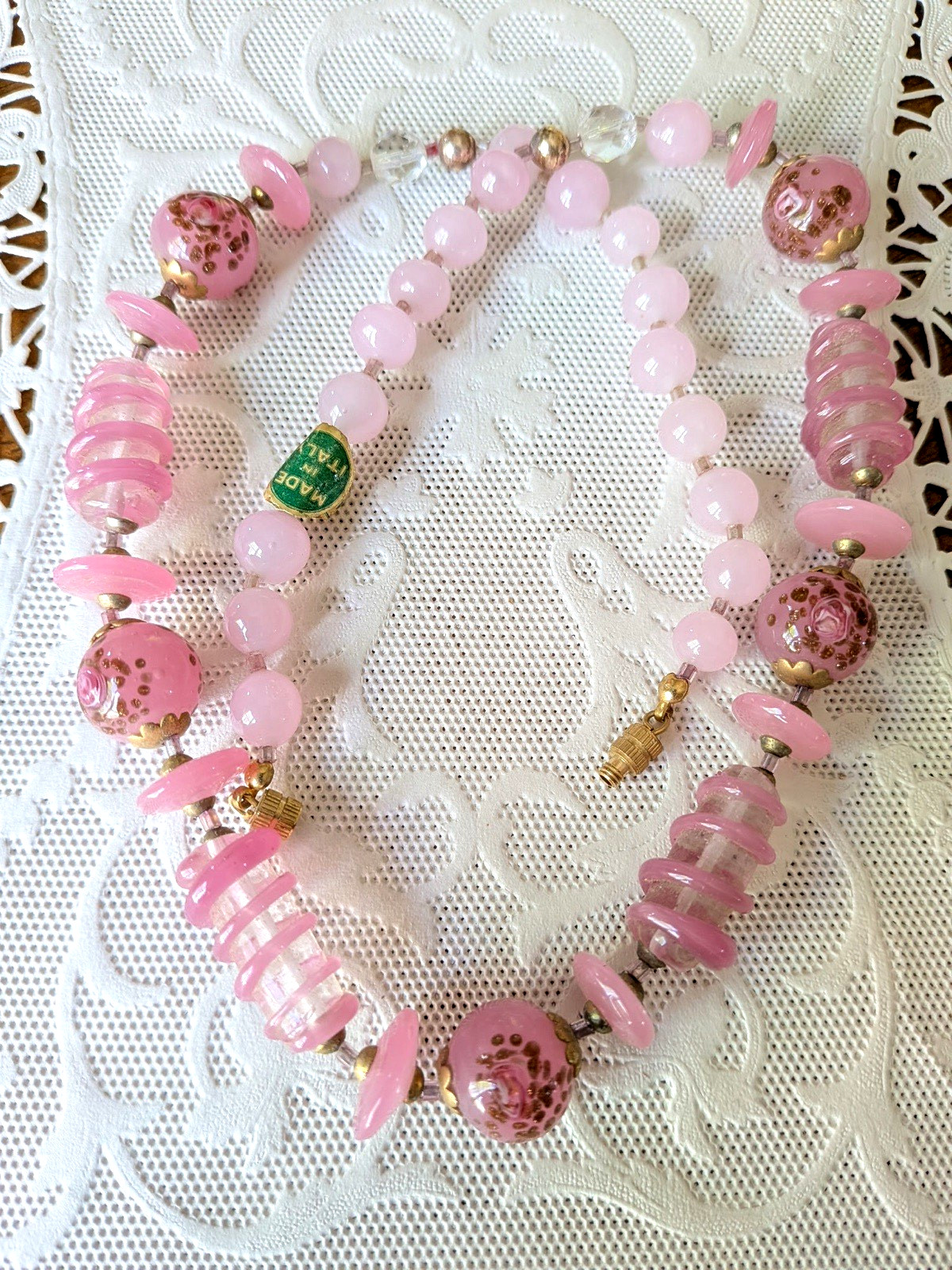 New Vintage Venetian W/Label Pink Aventurine Wound Glass Bead Necklace 22 Inches