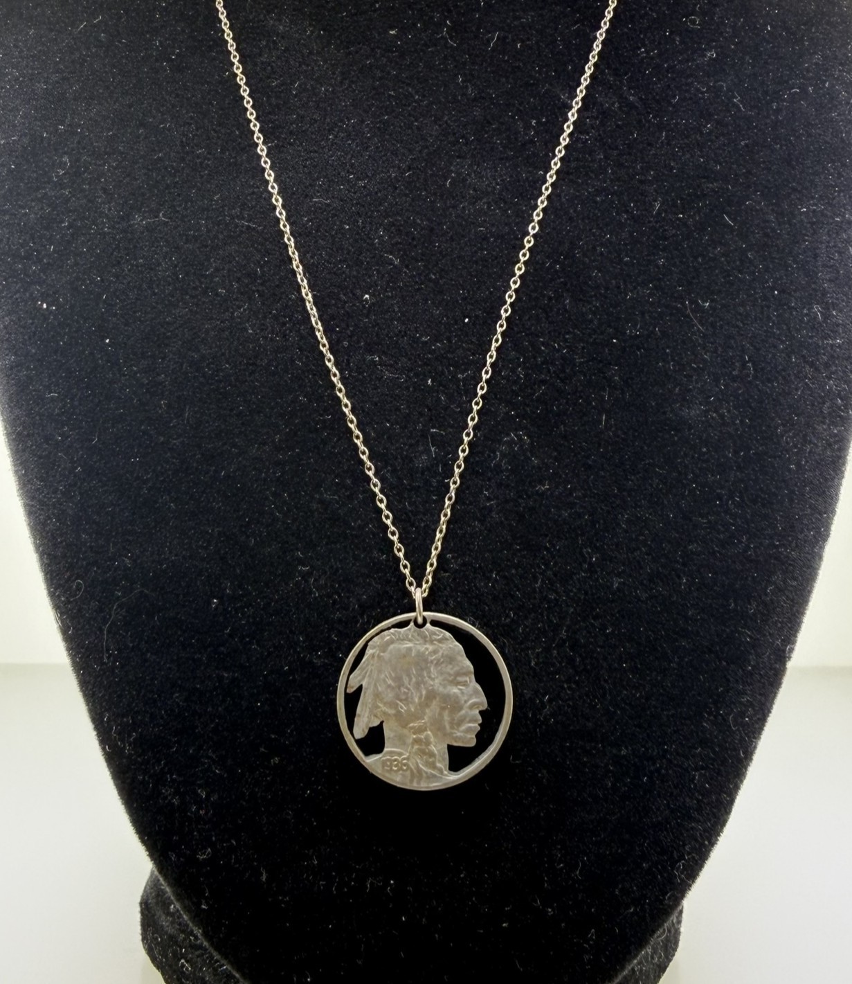 1936 Buffalo Nickel Cut Out Pendant Sterling Silver Necklace 18” Vintage
