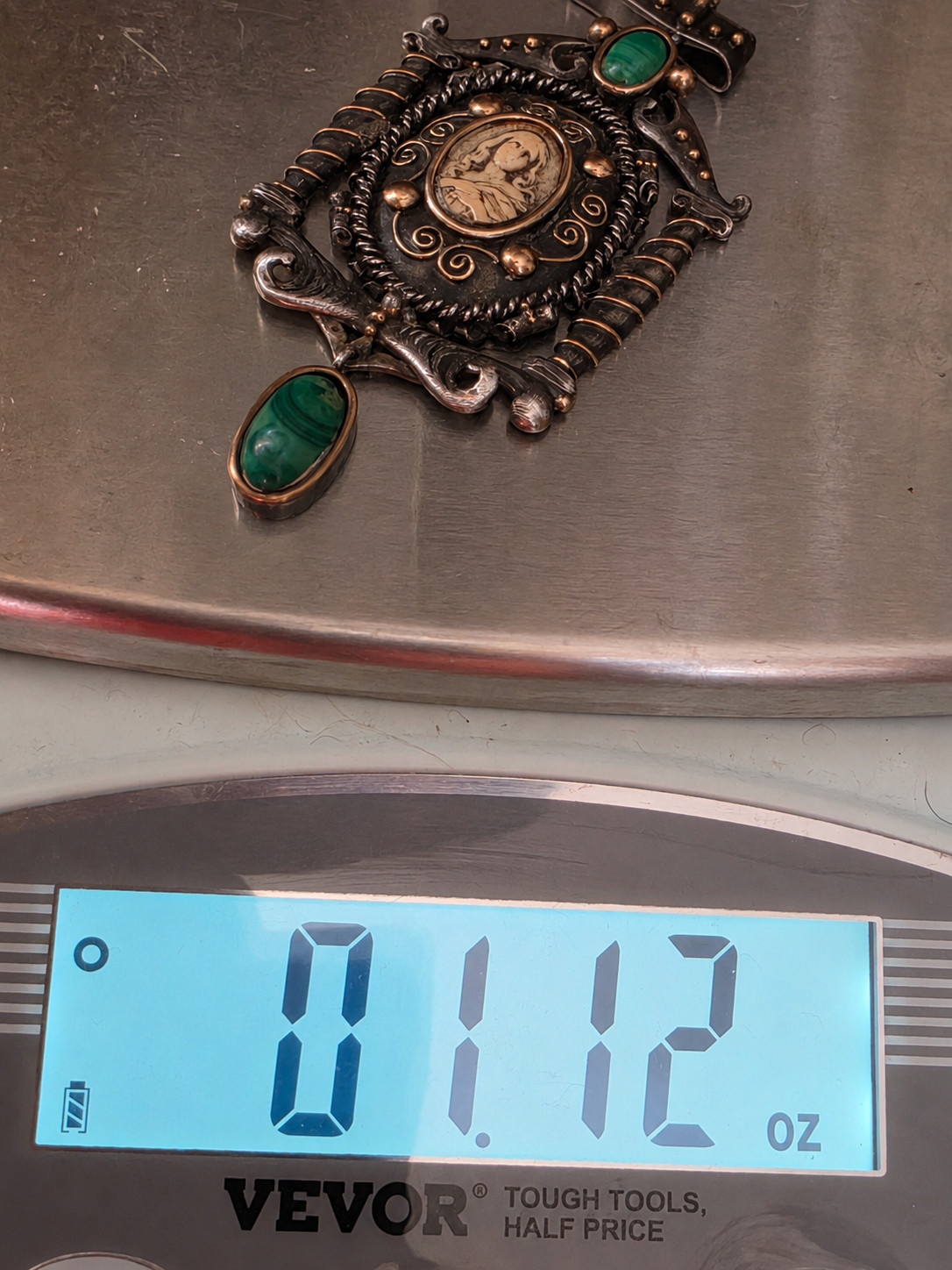 Antique Gold Silver Religious Pendant Virgin Mary Malachite Large Rare