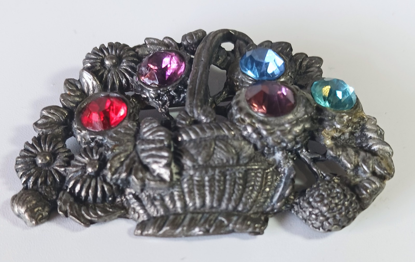 Vintage Dark Silver Flower Basket Brooch w Large Red, Purple, Blue Glass? Stones