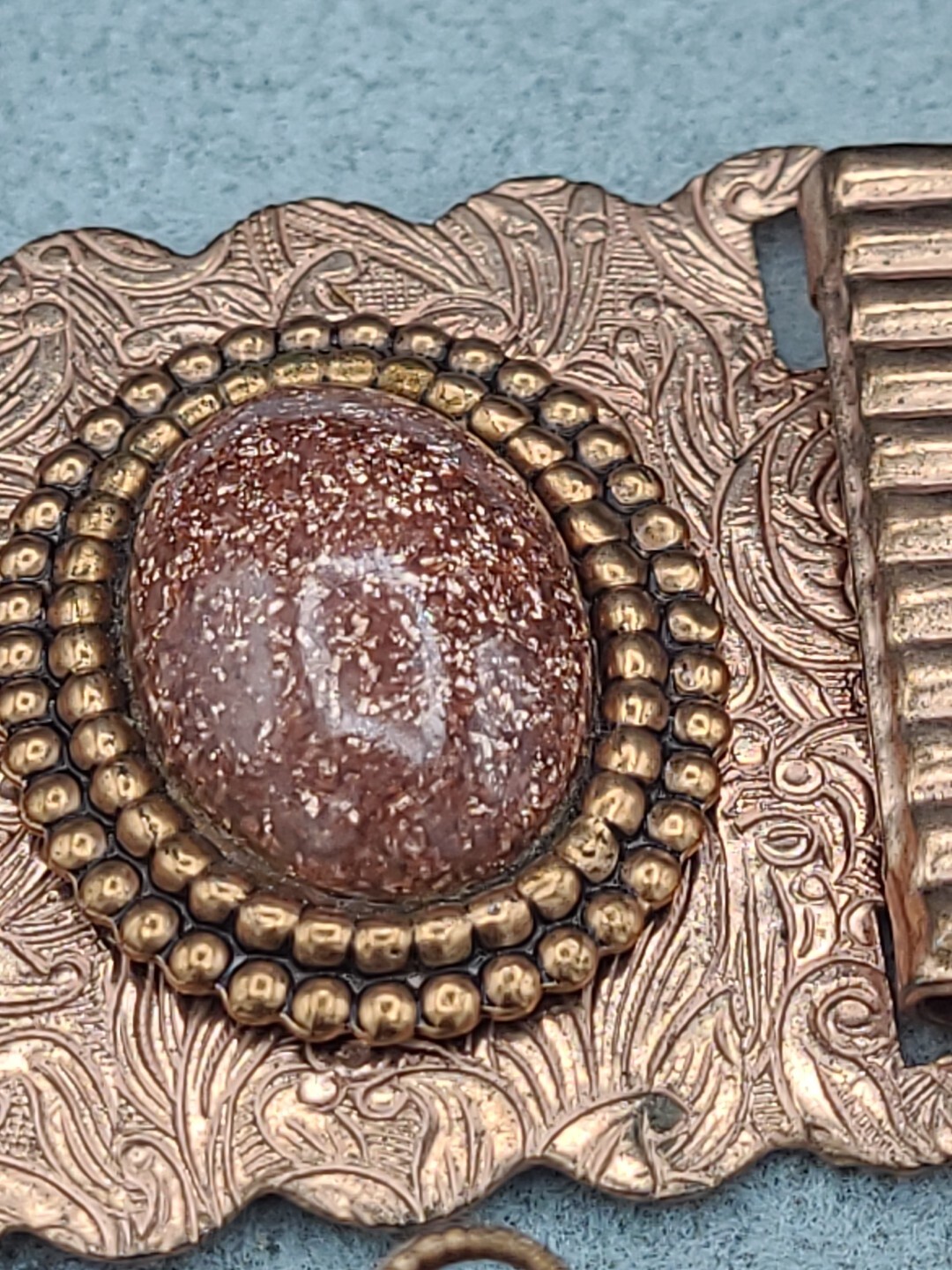 Stunning Vintage Copper & GoldStone Bracelet 7 3/4″ & Earrings Ornate Metalwork