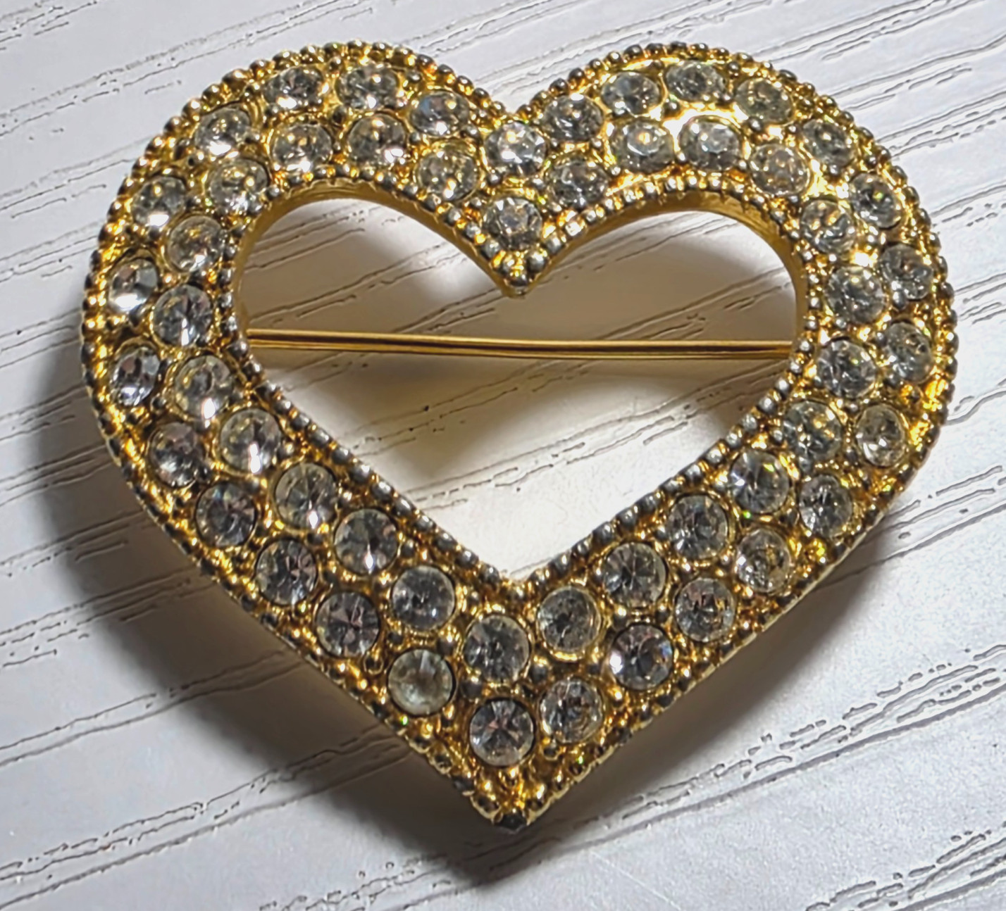 Heart Brooch Vintage Gold-Tone Pave Rhinestones 41mm x 39mm Made in USA