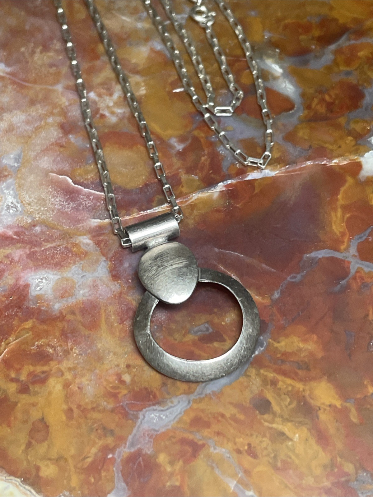 Vintage Sterling Silver Modernist Pendant Necklace 21”