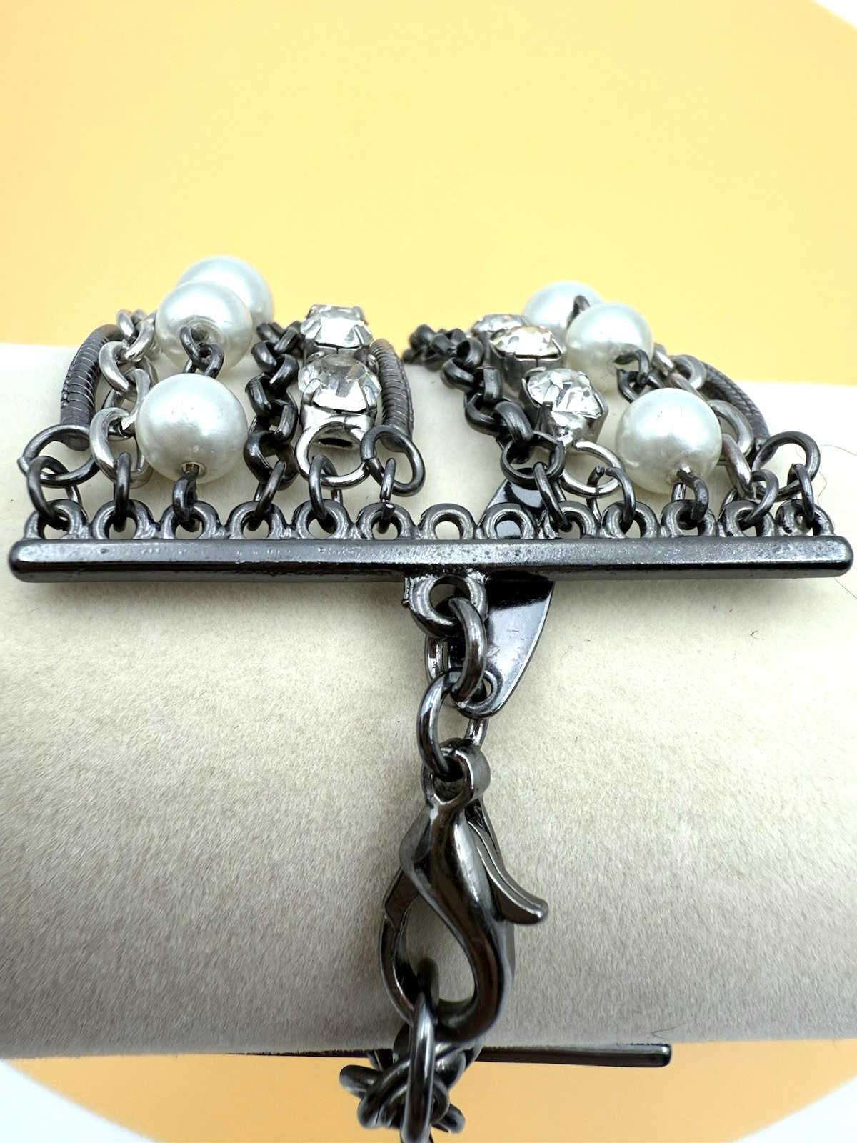 NY Bracelet Multiple Strand Faux Pearl Rhinestones Chains Brutalist Jewelry