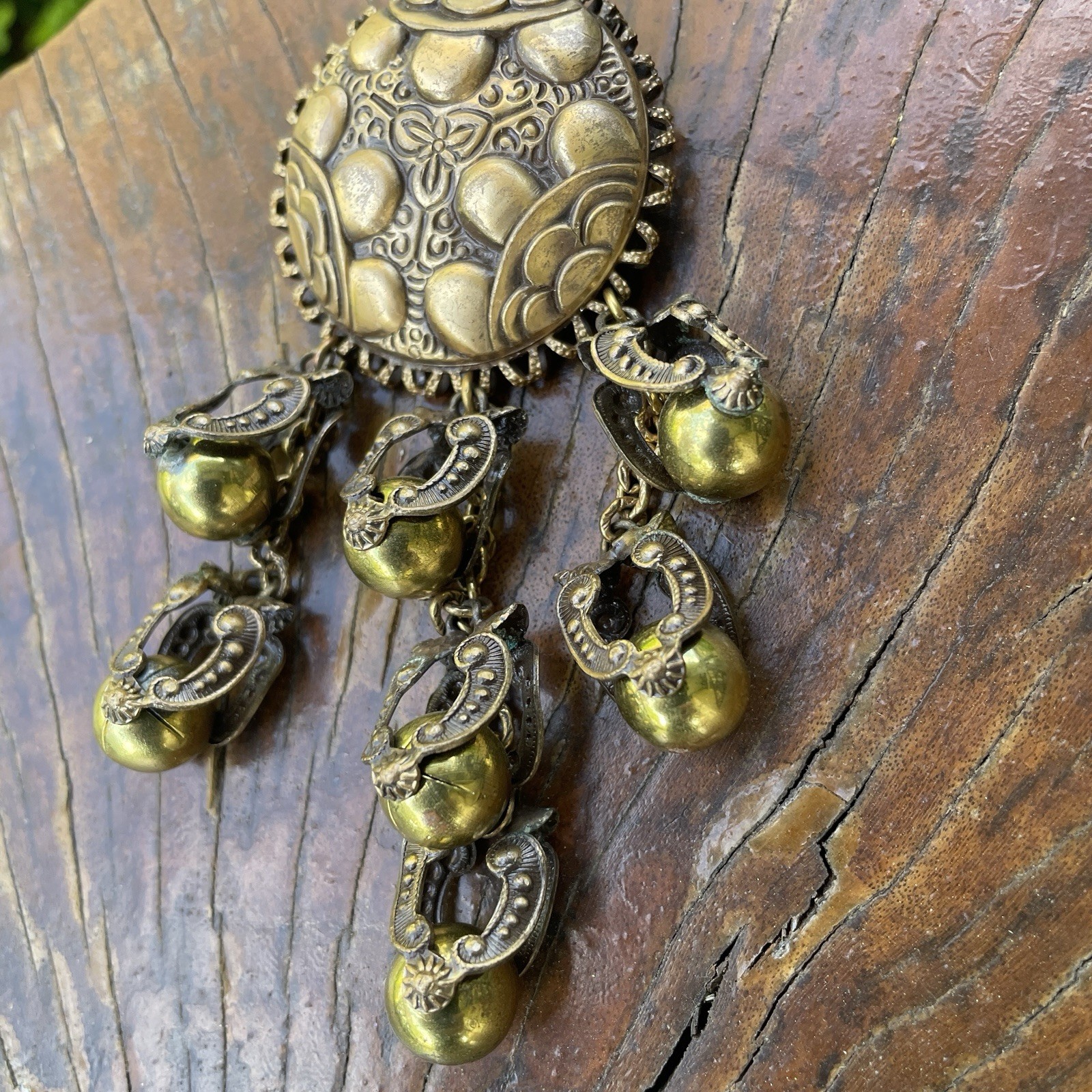 Sterling Button Company NY Brass Repousse Festoon Brooch Unsigned Statement