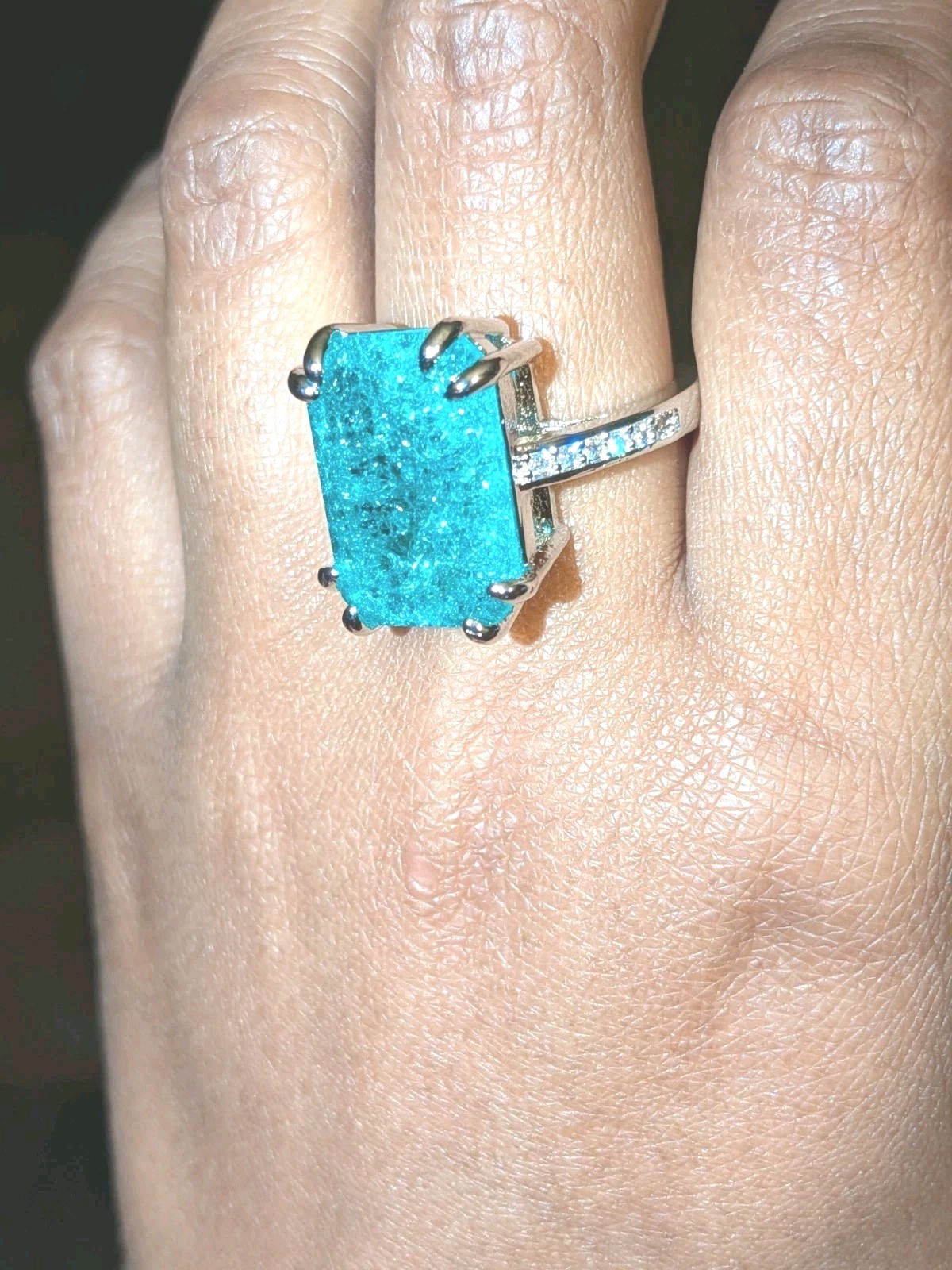 Shiny 10 CT Emerald Cut Lab-Created Paraiba Tourmaline Ring 925 Sterling Silver