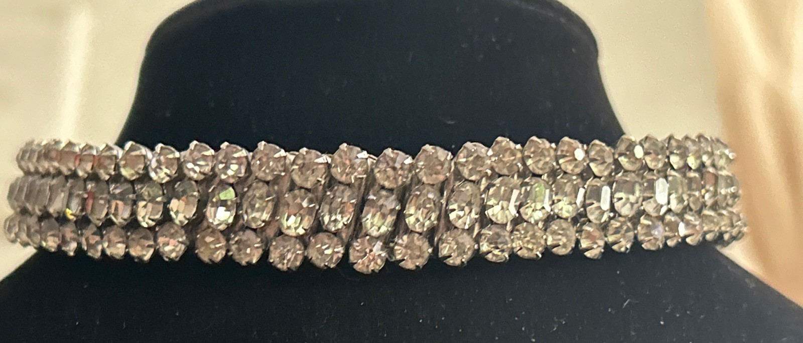 VTG 60s Rhinestone Stretch Expansion Trio-Cut Estate NECKLACE Statement 12.5 in