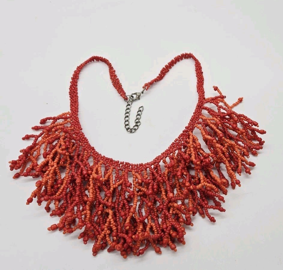 Vintage Beaded Fringe Bib Necklace Seed Beads Lot of 2 Statement Green Coral
