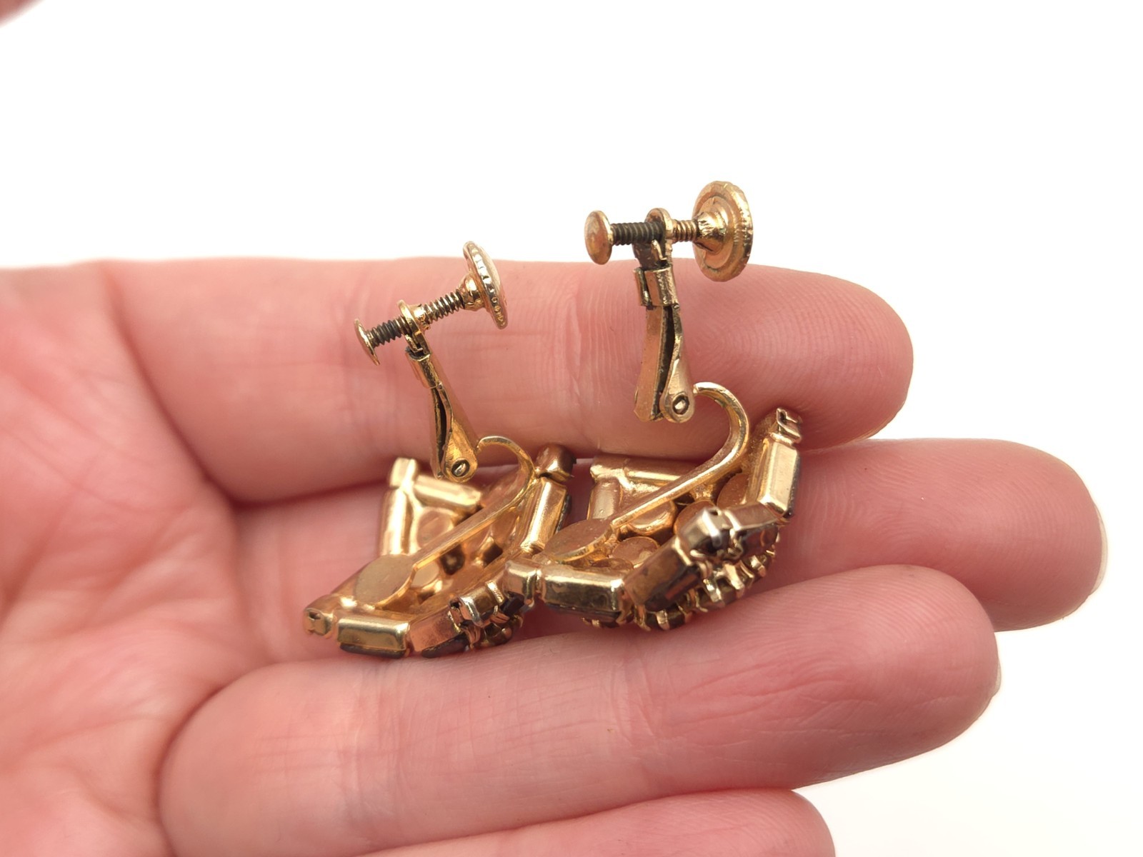 Vintage Hobe Signed Gold Tone Brown Rhinestone Adjustable Clip On Earrings