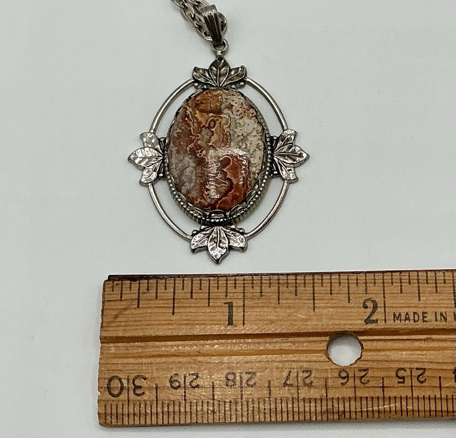 Vintage Lace Agate Pendant Silver Metal Ornate Setting With Chain