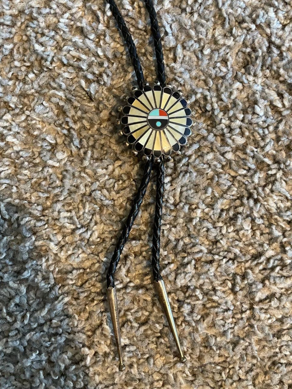Zuni sterling silver shell/turquoise sunface bolo tie