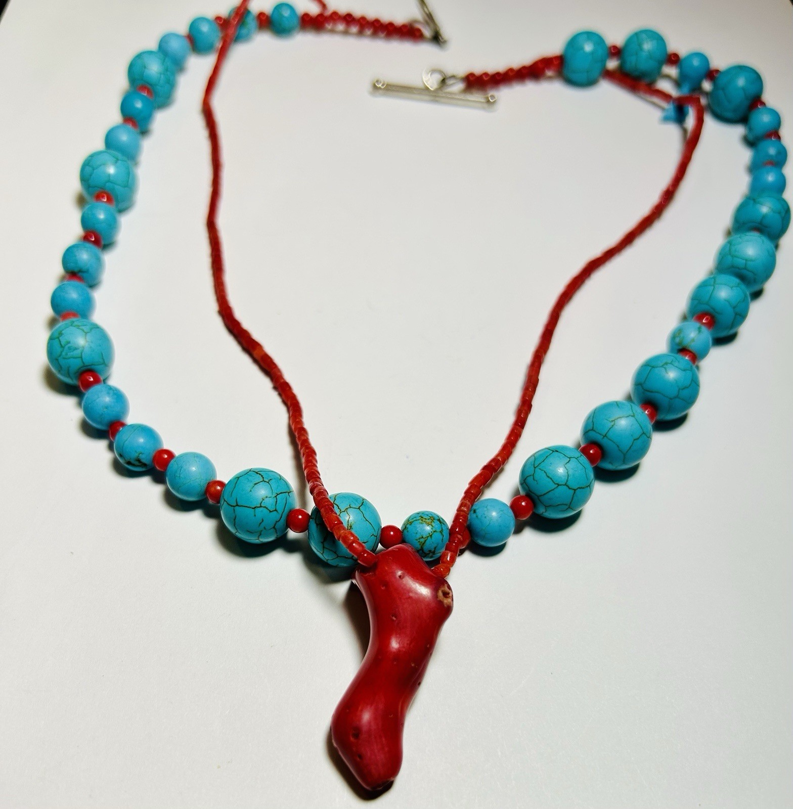 VTG Artesian 20” Red Coral & Blue Stone Beaded Necklace Toggle Closure