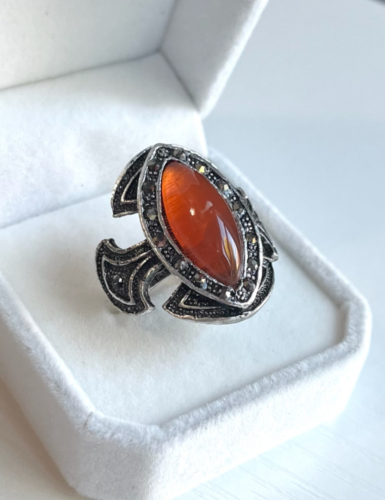 Vintage Carnelian & Marcasite Cross-Shaped Statement Ring Size Adjustable