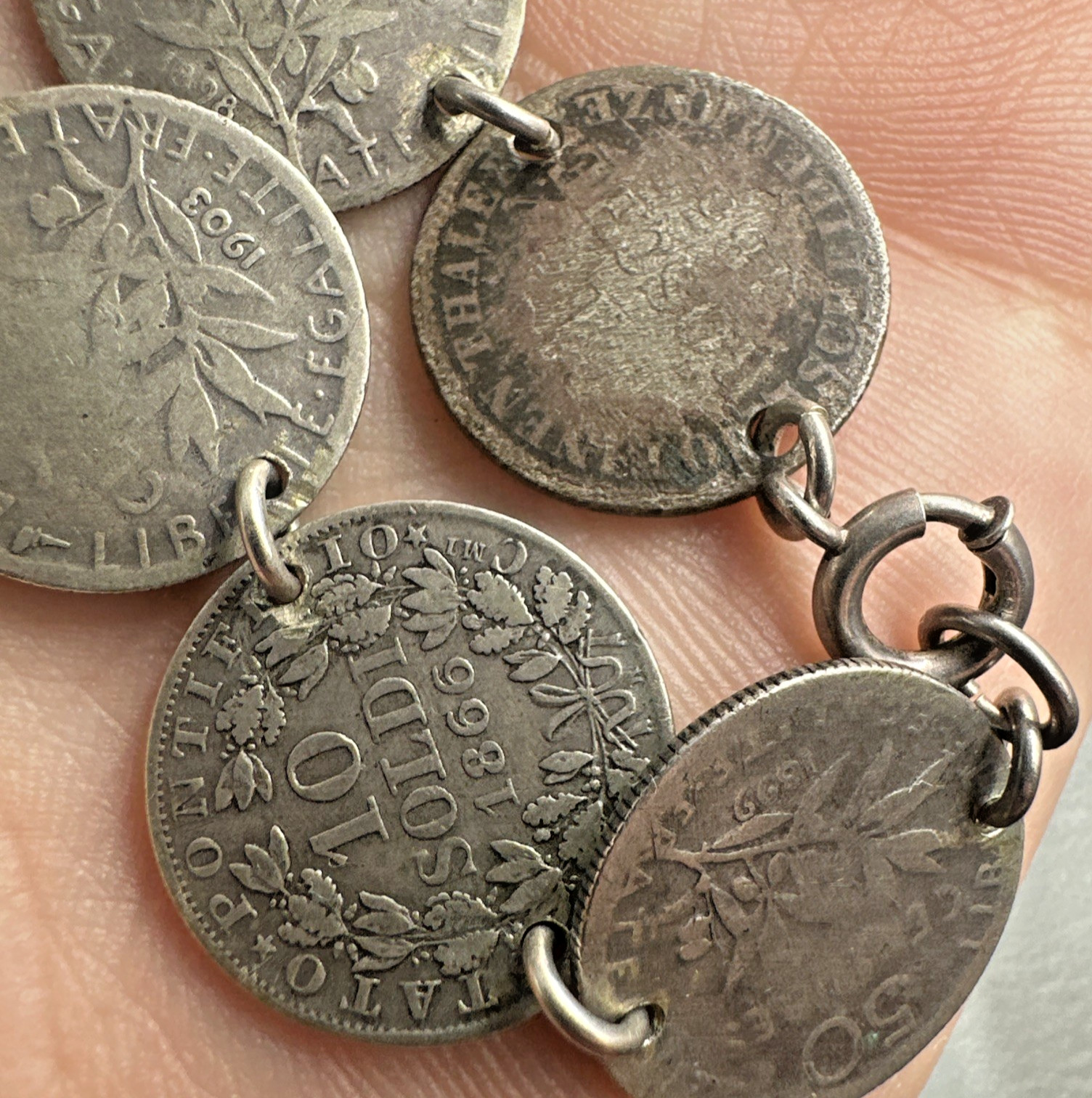 Antique Multinational Coin Link Silver Bracelet Years 1853 – 1903 19g Sz 6.25