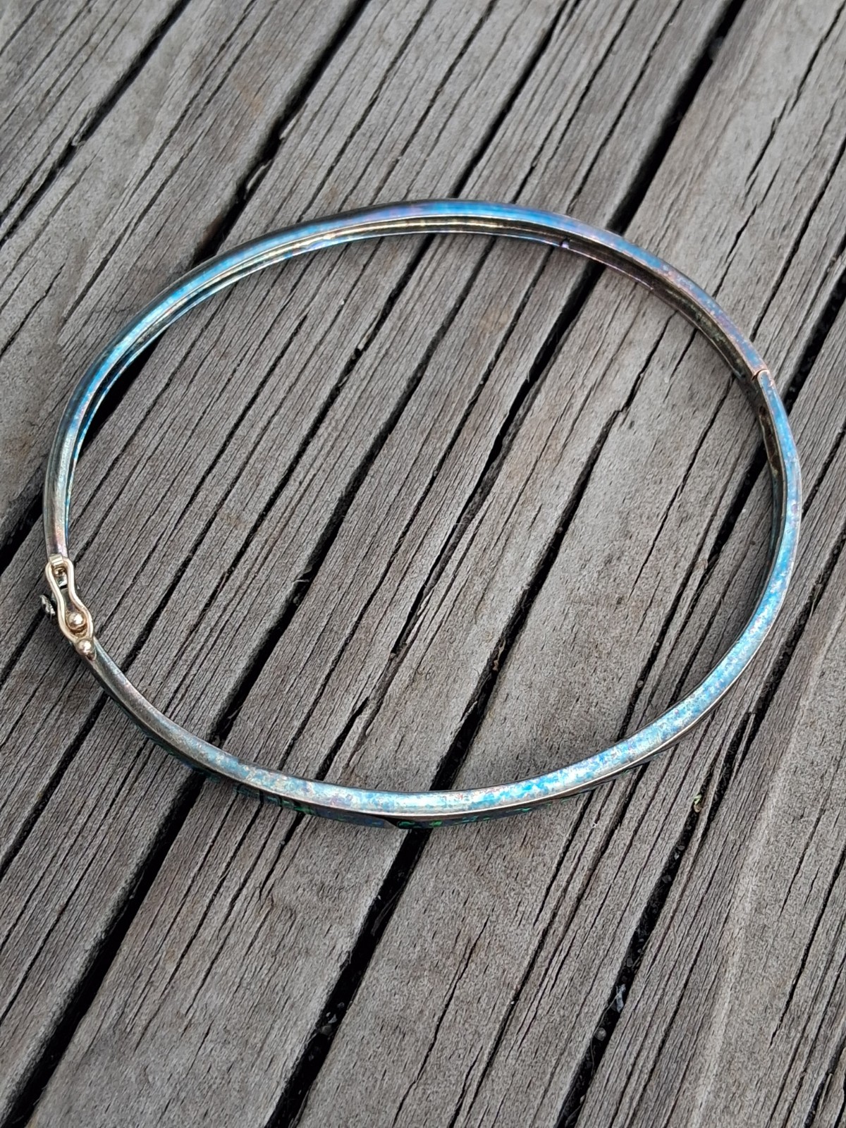 Vtg 925 Blue Opal Hinged Bangle Bracelet Sterling Silver