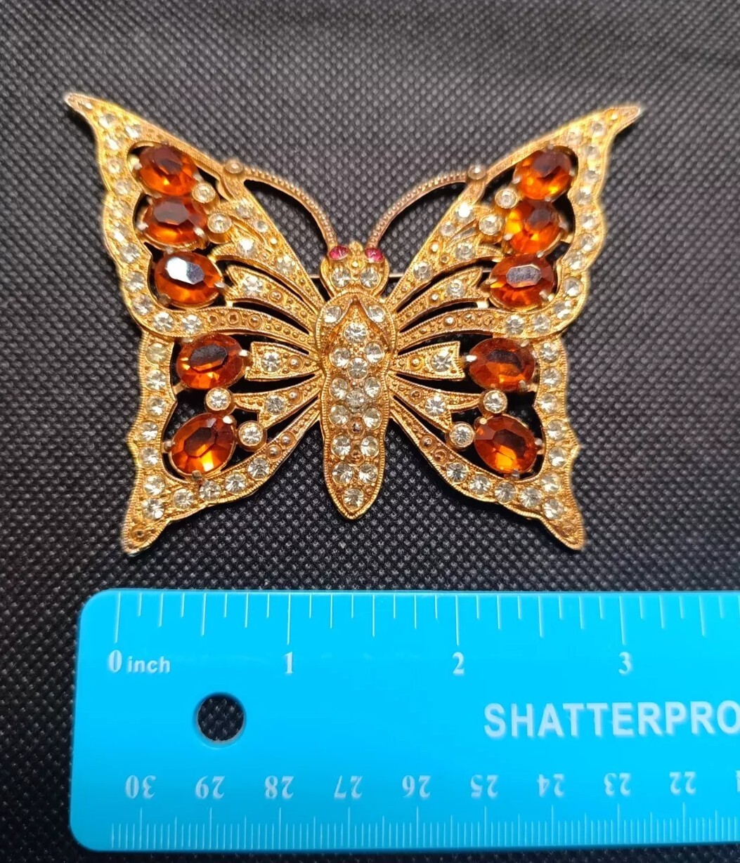 Vintage Large Butterfly Brooch 3″ Gold Tone& Crystal Unsigned