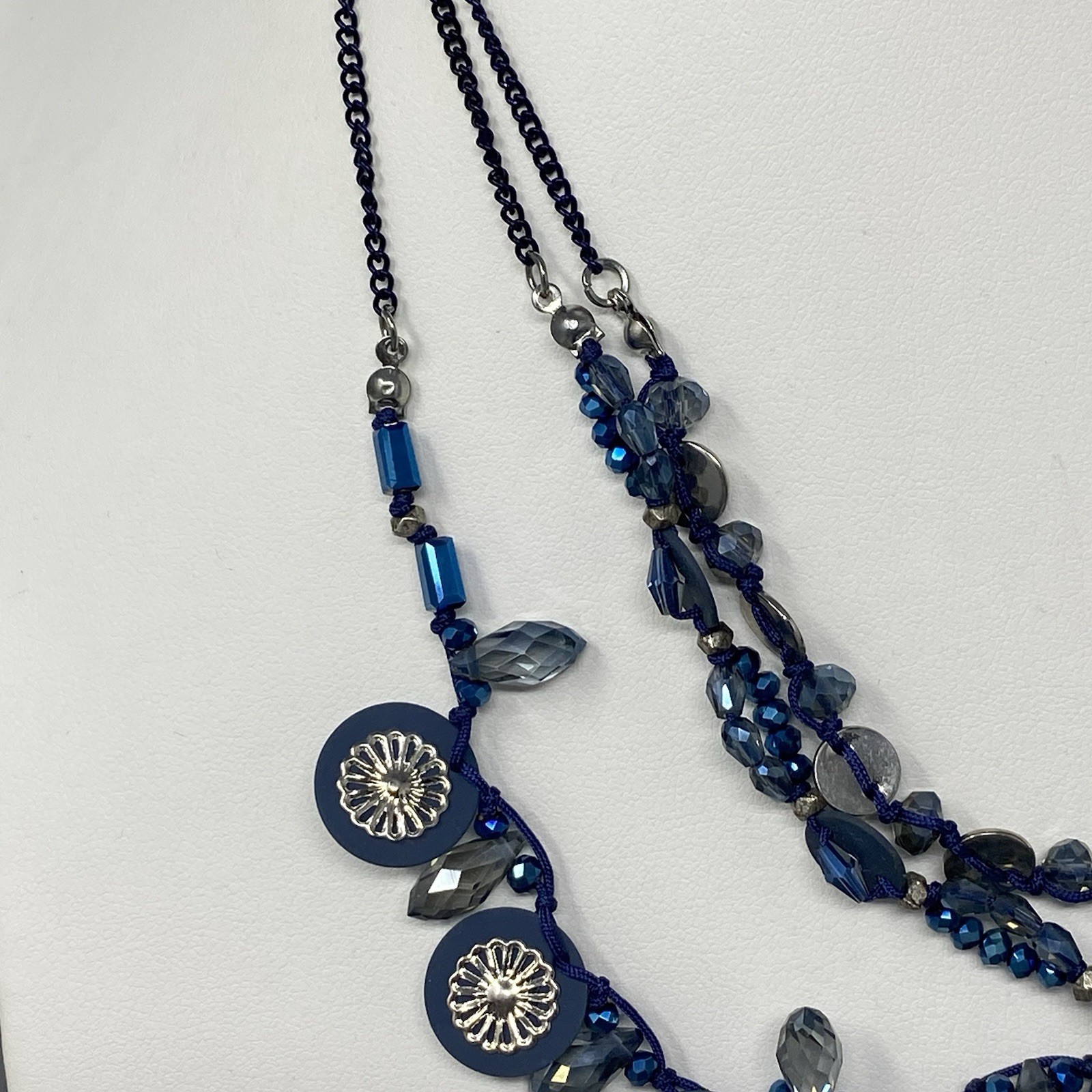 Blue Fringe Glass Beaded Necklace Layered Enamel Faceted Coated Bohemian 18″