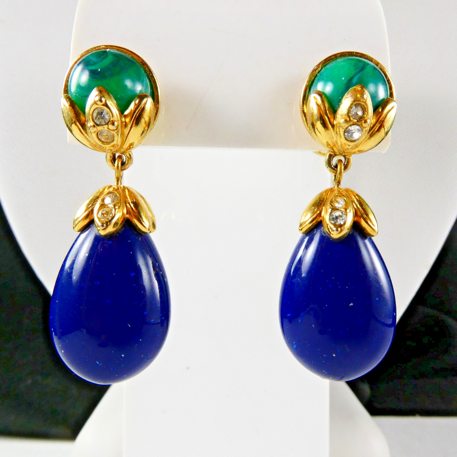 Lovely Vintage Blue & Green Teardrop Dangle Earrings Pierced Designer Quality