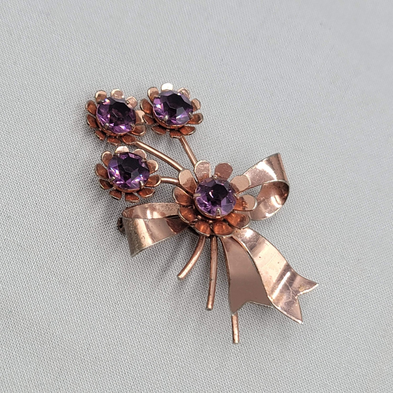 Vtg Sterling Silver Flower Pin Brooch Purple Rhinestone Rose Gold Vermeil 2.5″