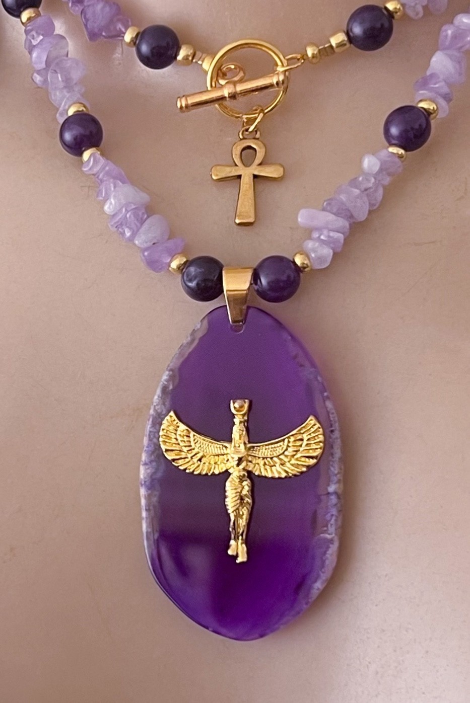 Artisan Necklace Egyptian Revival Goddess Pendant Amethyst Gemstone Beads