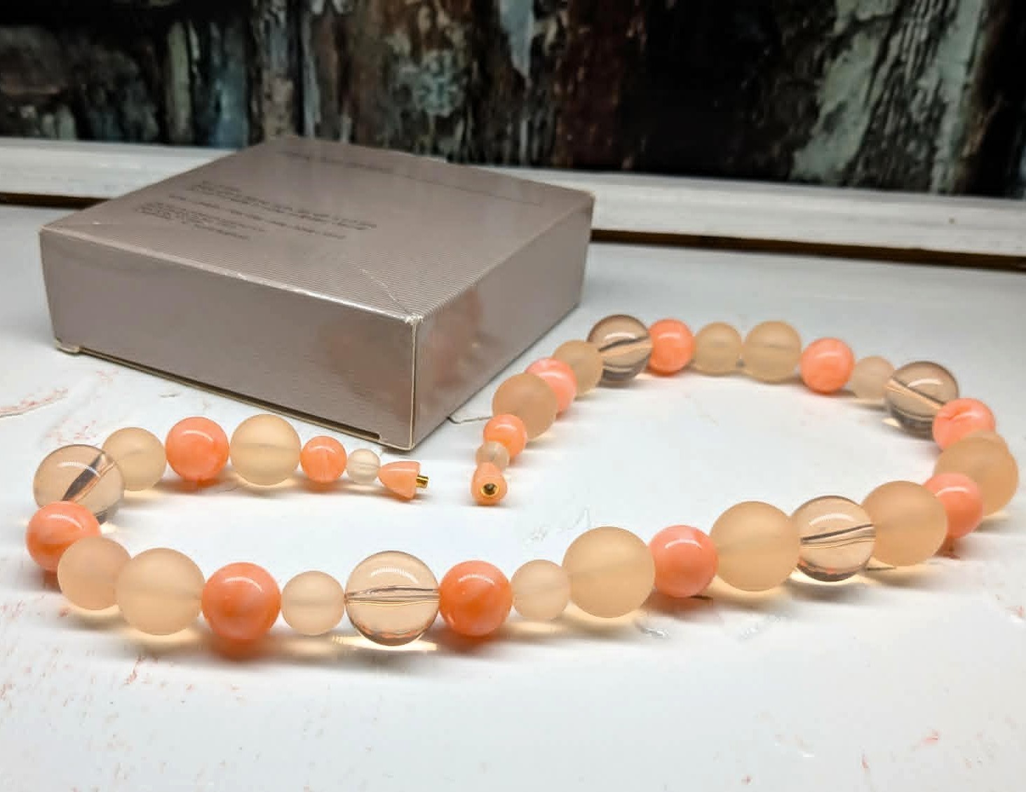 Vintage Avon 1986 Marble Hues Soft Coral Beaded Necklace 20 inch Costume Jewelry