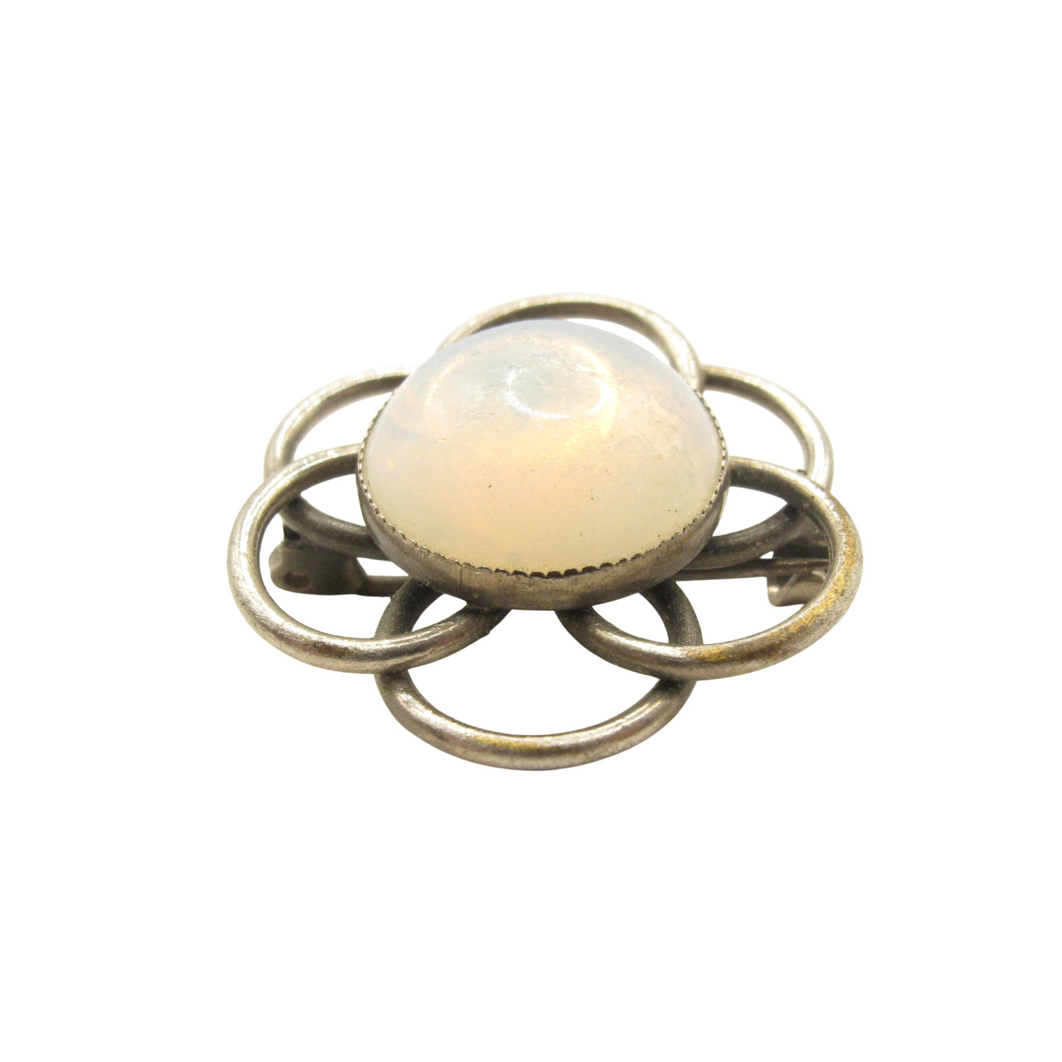 Vintage Opaline Glass Brooch Silver Tone Floral Costume Jewelry 1930s 1950s