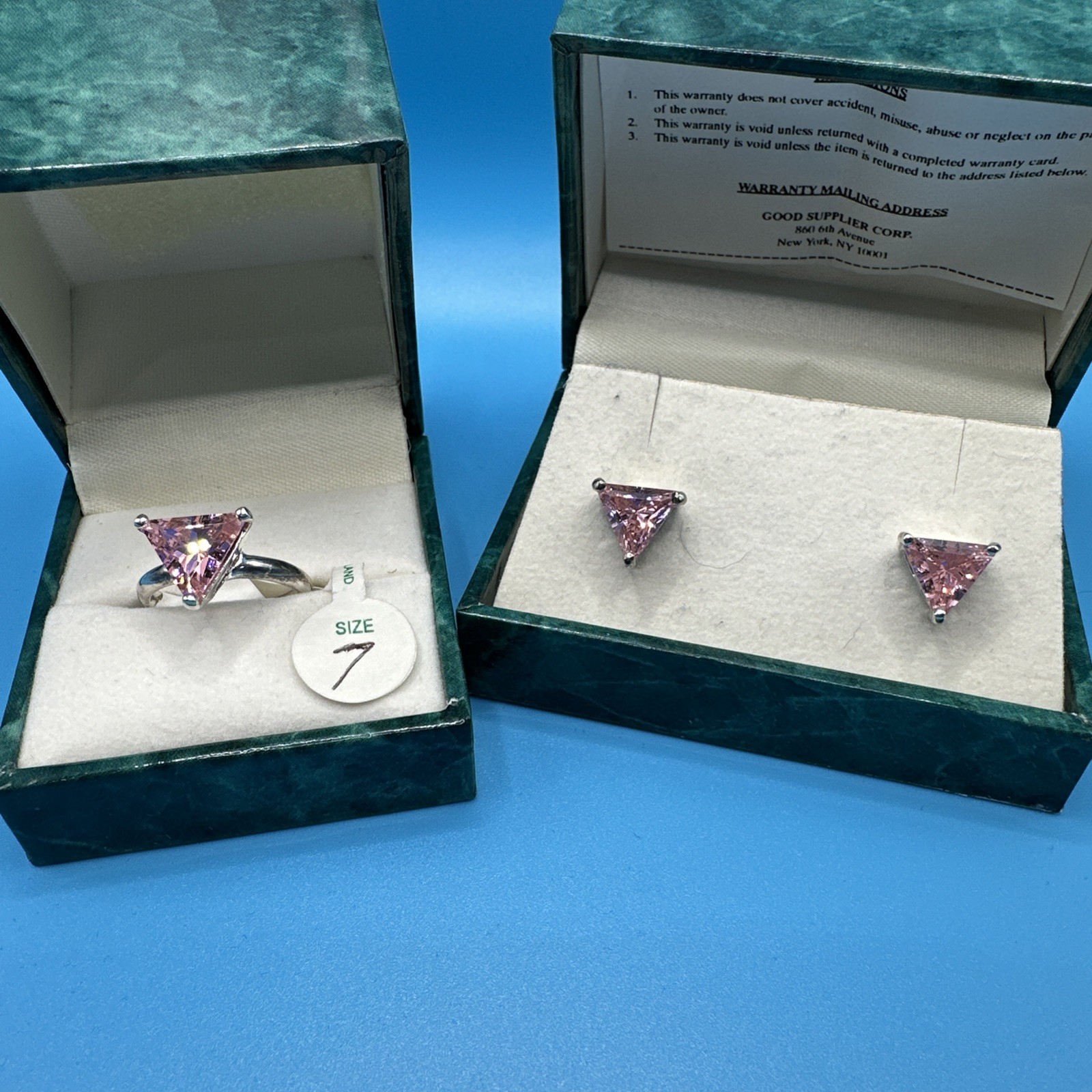 Suzanne Somers 925 Silver Trillion Cut Pink CZ Stud Earrings & Ring Size 7 Set