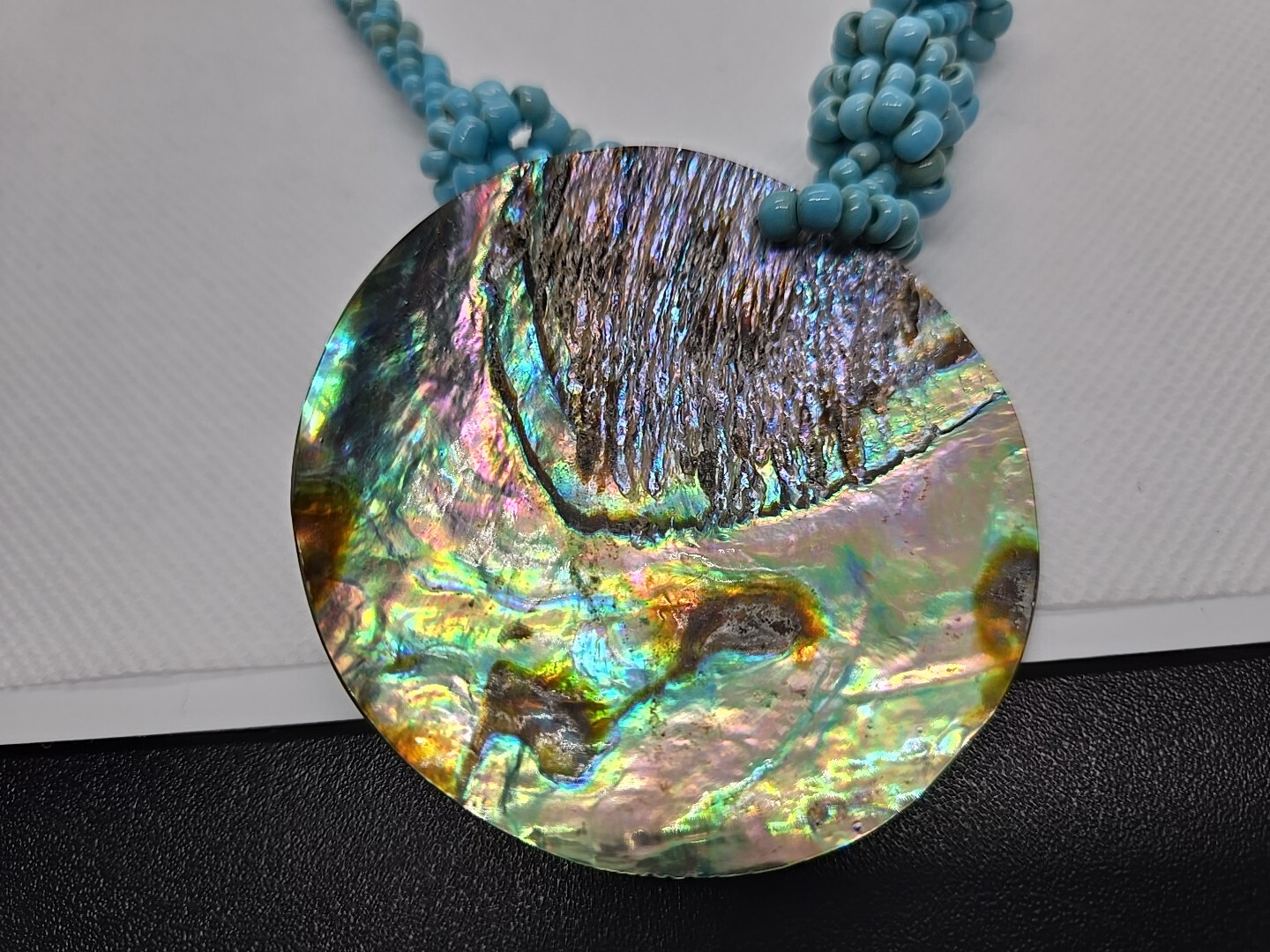 Lee Sands Pāua Abalone Shell Turquoise Blue Bead 17.5″ Necklace Pendant Signed