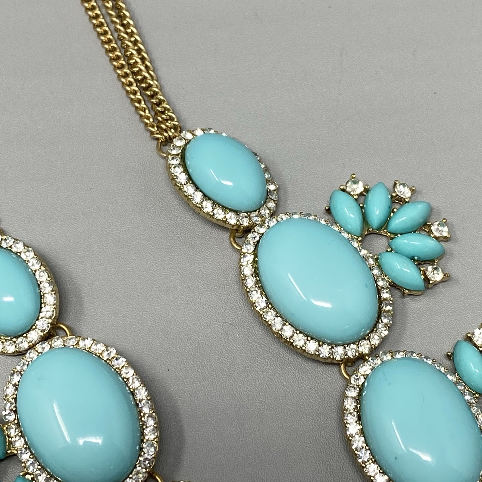 Chunky Statement Necklace Turquoise Cabochons Gold Tone Double Chain Collar 21″