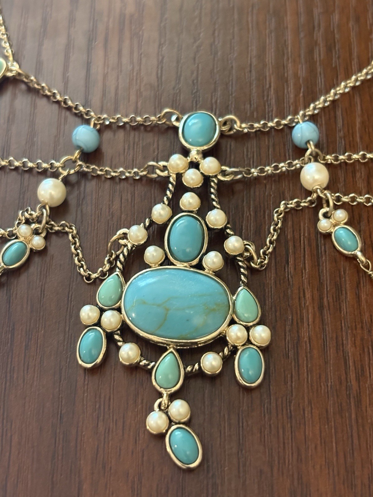 Monet Festoon Necklace Gold Tone, Faux Pearl Victorian Revival Design 15”