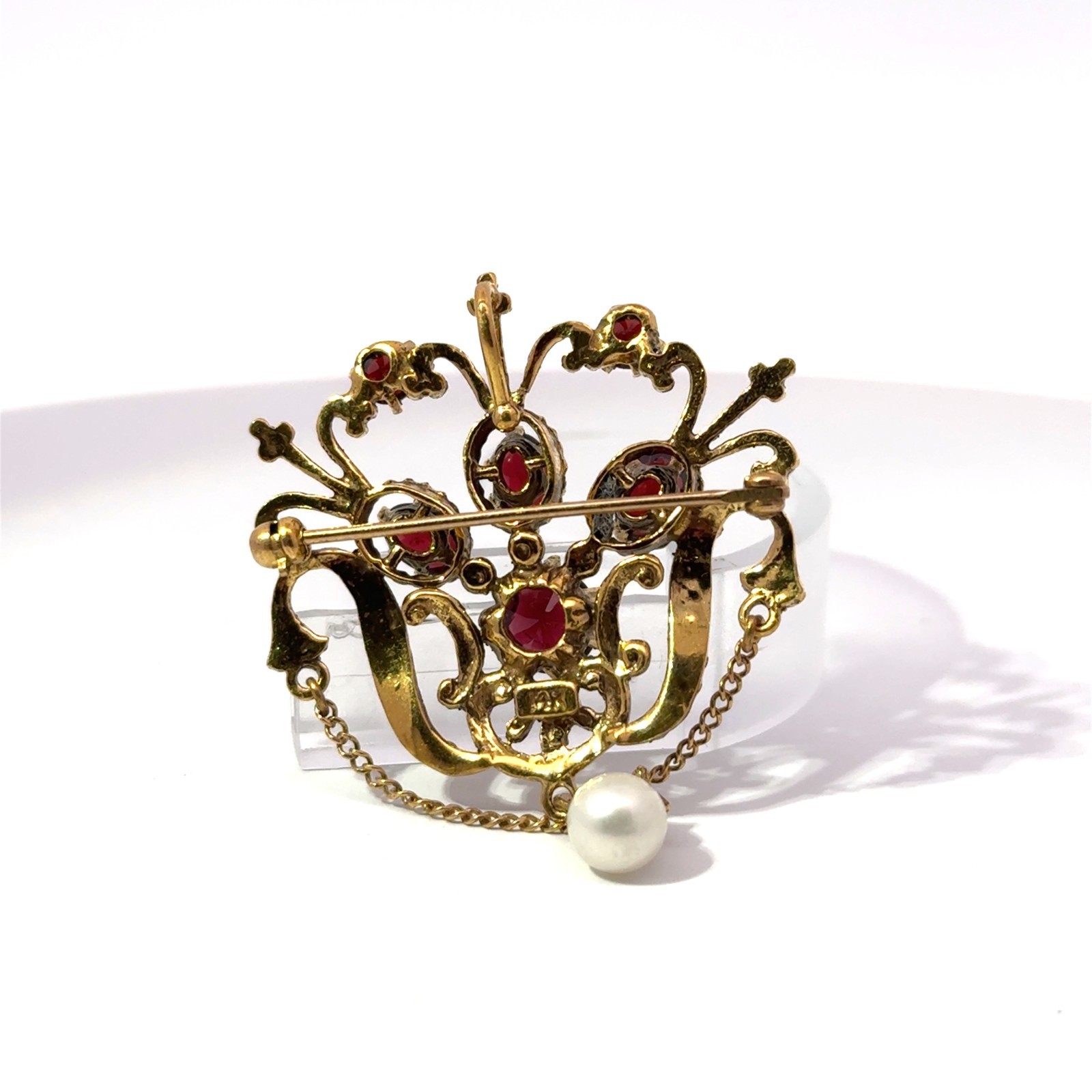 Antique 14k Stamped Yellow Gold Garnet & Pearl Brooch Pin