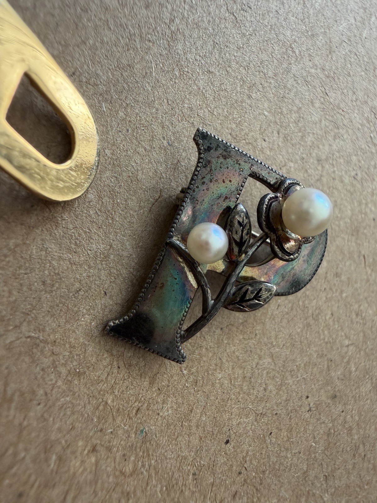 Vintage Letter P Brooch Set Gold Tone & Silver Pearl Minimalist Initial Jewelry