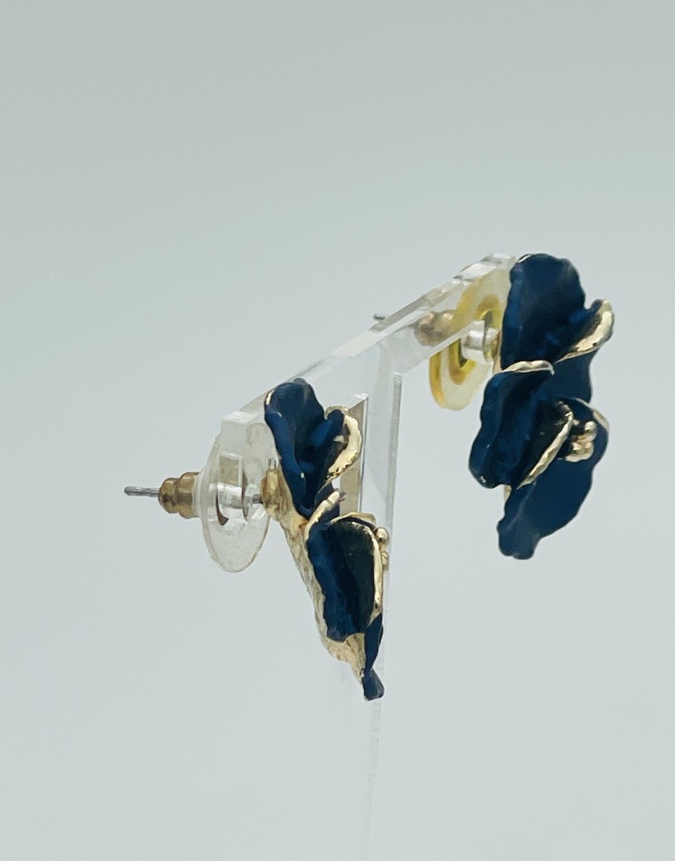 Signed CB Ceramic Violet Flower Stud Earrings Hand Painted Matte Blue Gold