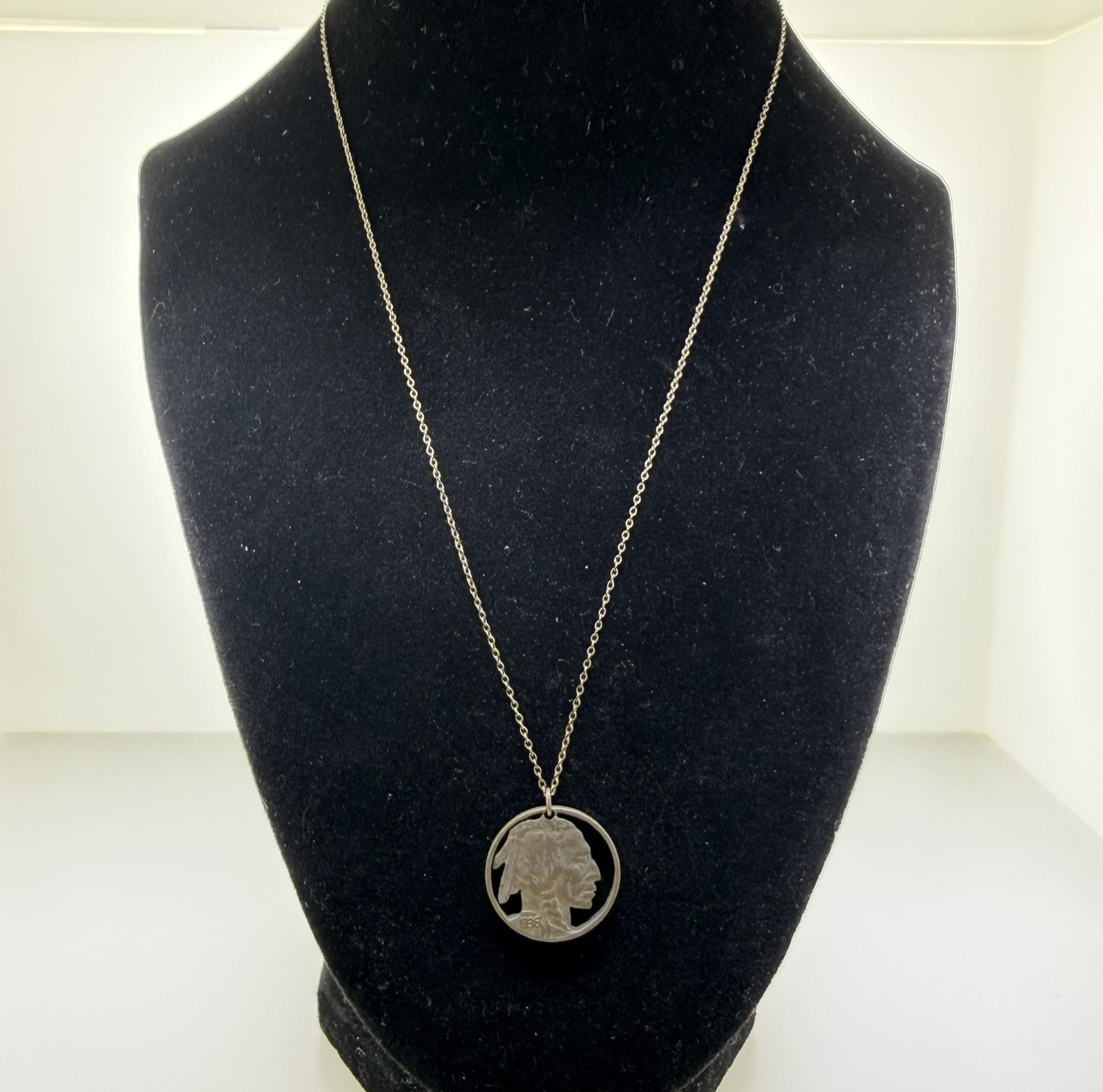 1936 Buffalo Nickel Cut Out Pendant Sterling Silver Necklace 18” Vintage