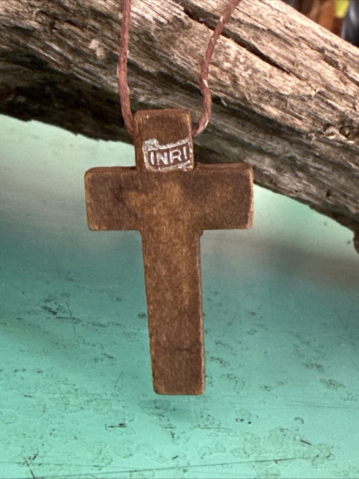 Vintage 80s Cross INRI Necklace Pendant Rosary OLIVE WOOD Hemp Cord COLLECTIBLE