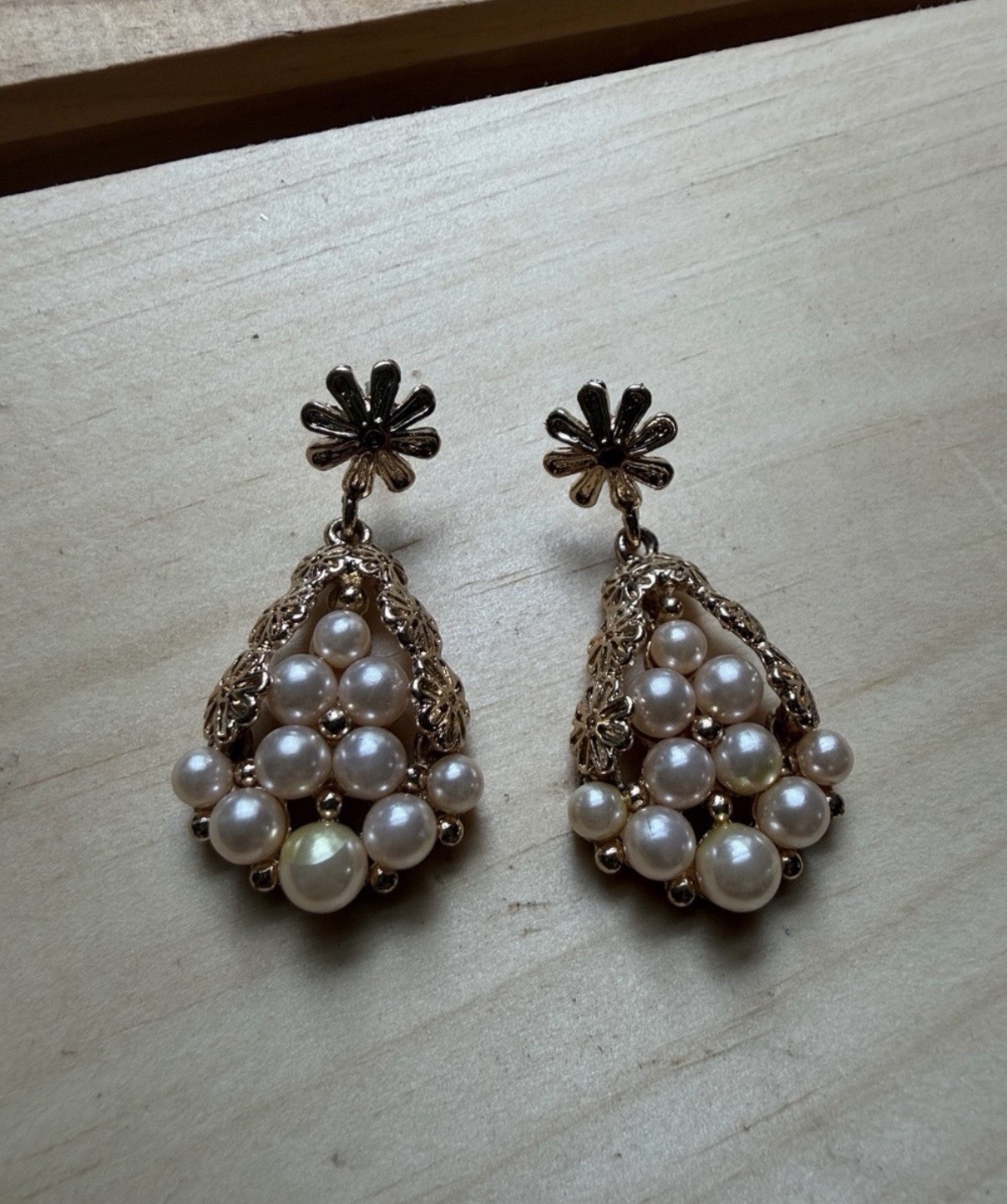 Vintage Faux Pearl Chandelier Dangle Earrings Gold Tone with Floral Post