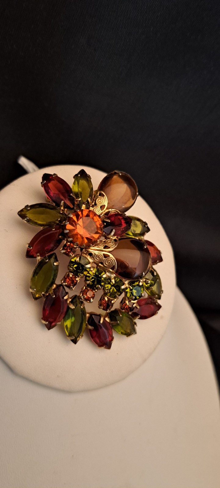 Vintage Designer? Topaz Orange Green Gold Glass Rhinestone Statement Brooch