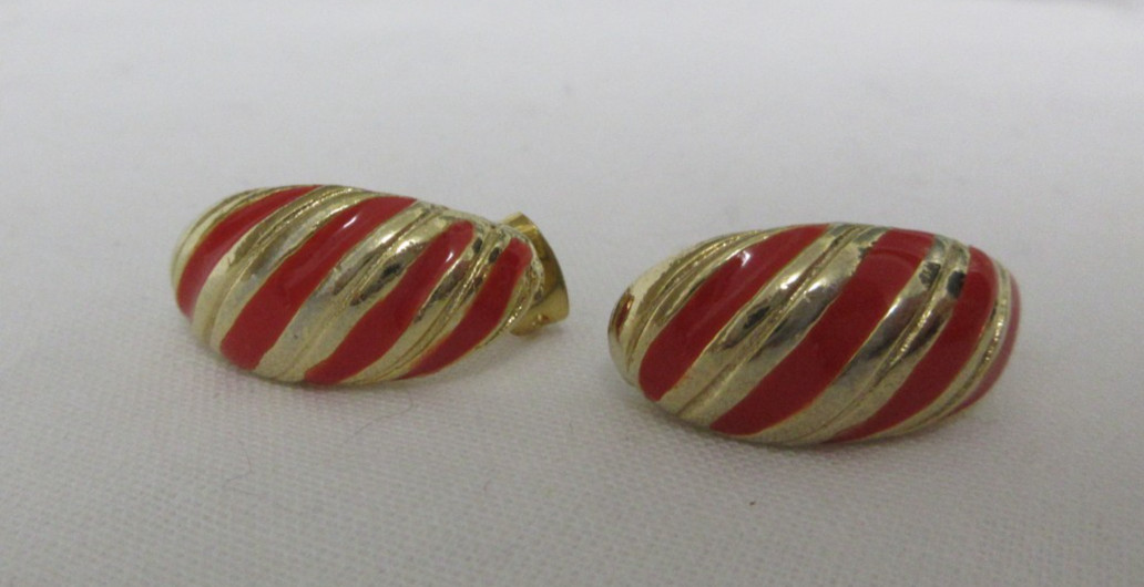 Vintage Gold Tone Red Enamel Striped Pierced Earrings