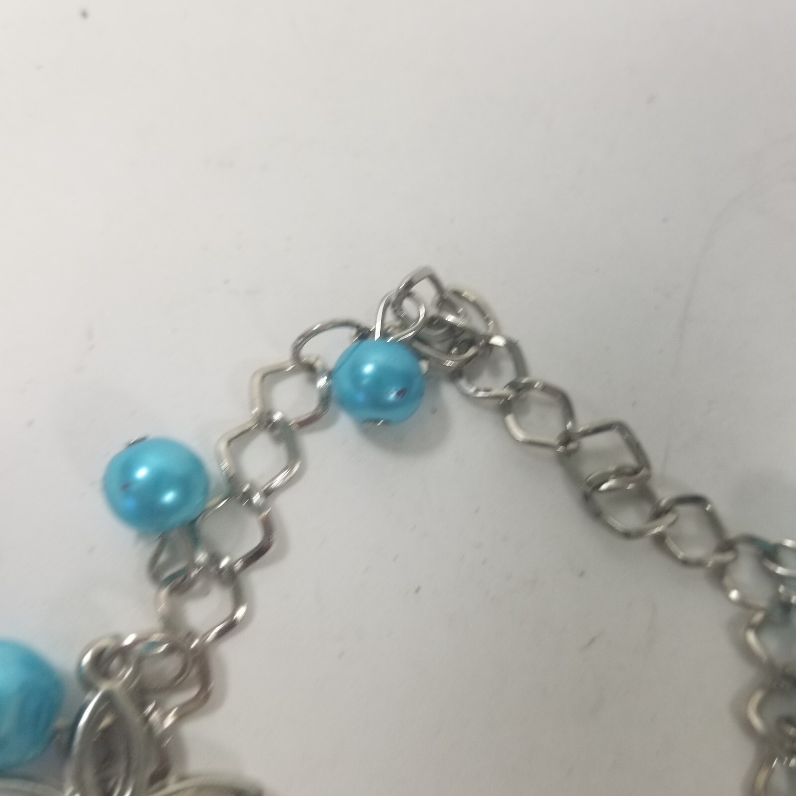 Charm Bracelet Blue Silver Tone Flower Glass Bead Dangle