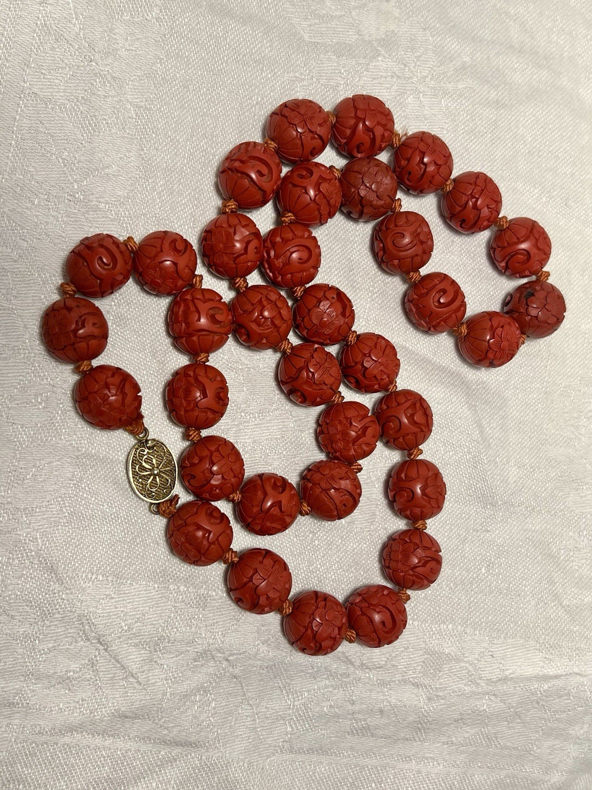 Vtg. 26” Chinese Carved Cinnabar Lacquer 1/2”Bead Necklace Silver Filigree Clasp